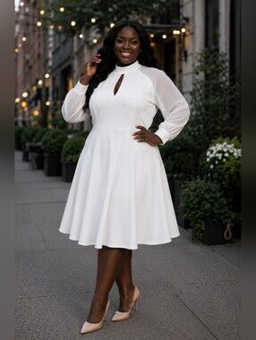 Elegant White Fit-and-Flare Dress with Keyhole Neck